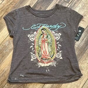 Ed Hardy Gray Crop Top with Artistic Graphic